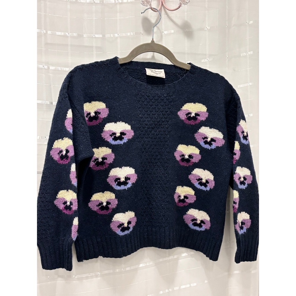 Lynn Tarper Designs Hand Knitted England Wool Pansy Flower Sweater Navy Blue